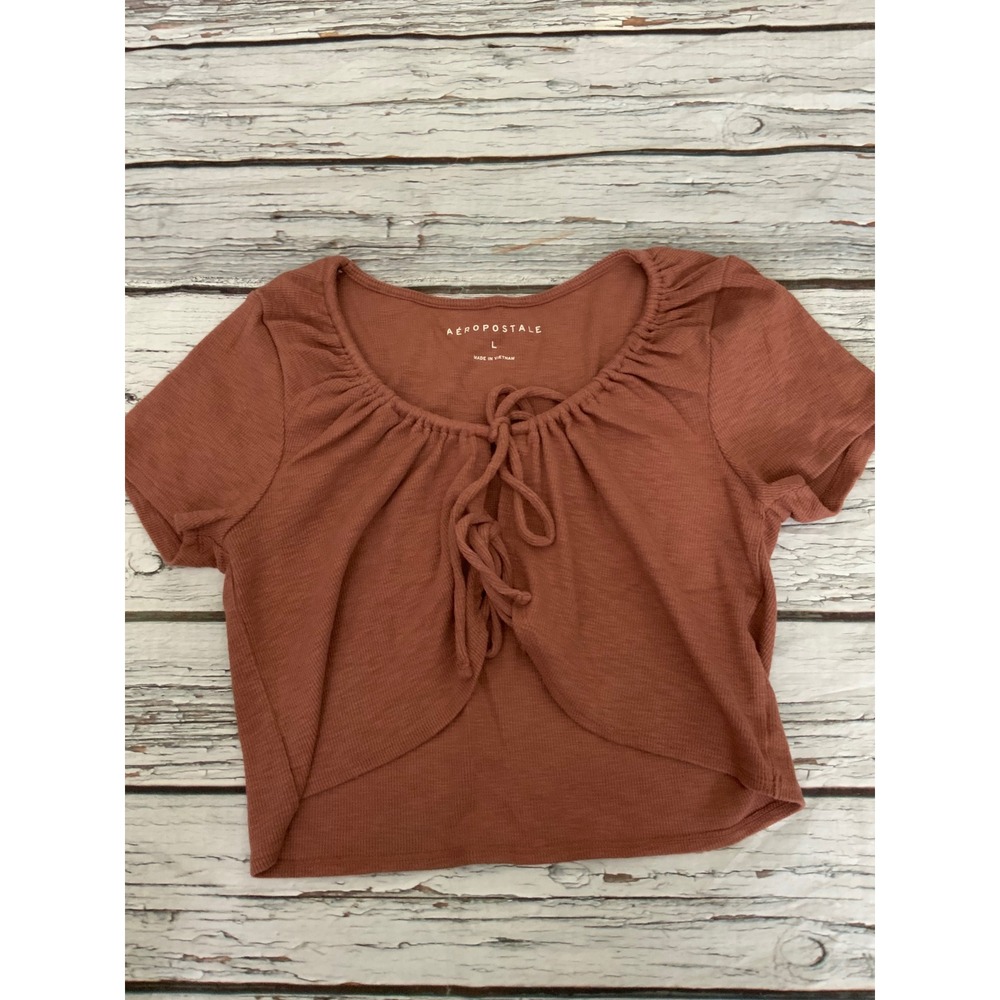 Aeropostale Womens Large Rust Brown Tie Front Ribbed Knit Crop Top Short Sleeve
